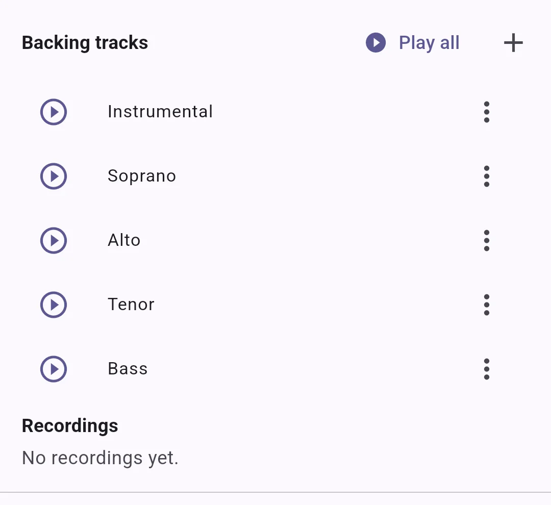 A song's backing tracks in Choirside: instrumental, soprano, alto, tenor and bass, with a Play all control