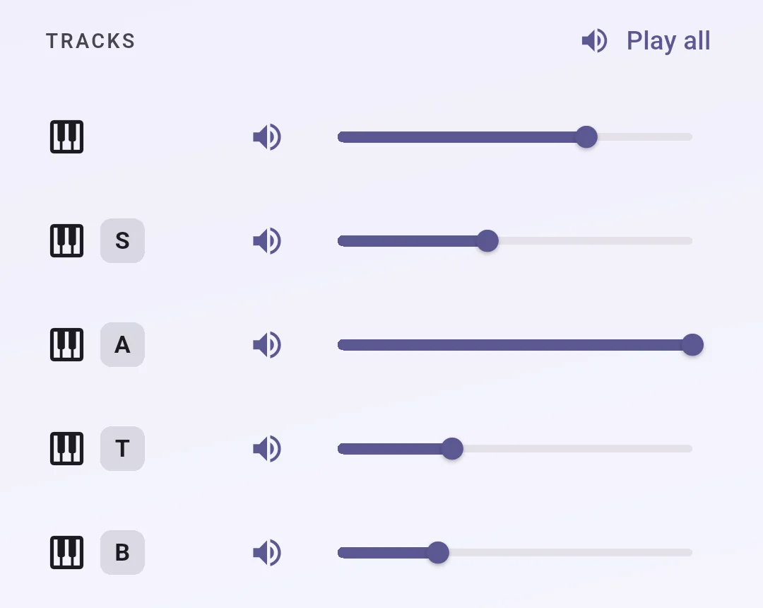 The Choirside player mixer, showing one volume fader per voice part