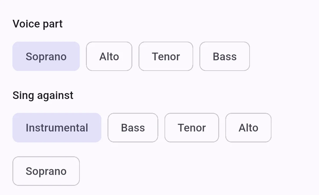 The record screen: a row of voice-part chips, and a Sing against row offering the instrumental and each other voice part
